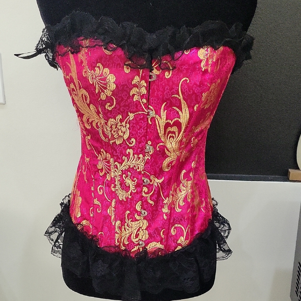 Vibrant Pink and Gold Brocade Corset